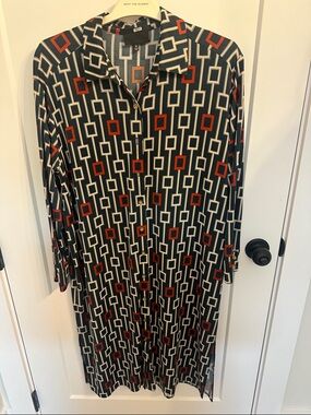 Geometric Midi Shirt Dress in Green, Cream & Red - Classic Collar